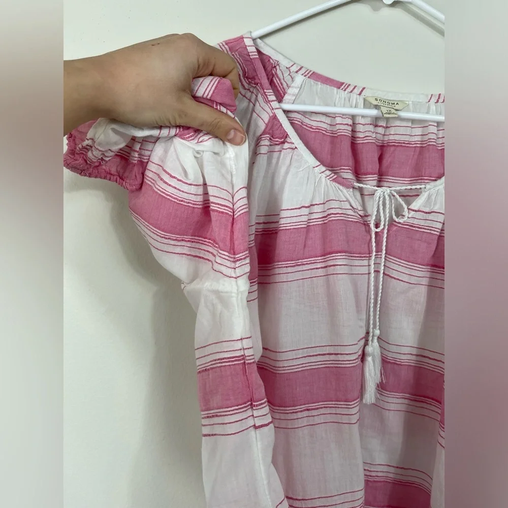 Sonoma Life Style Pink 3/4 Sleeve Blouse Lace Up Women's Pink White Strip Sz 1X - Picture 7 of 12